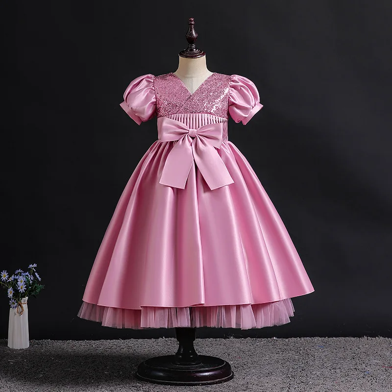 Vestidos de Boutique para niños, vestido de princesa de satén con lazo de lentejuelas para niñas, vestido de fiesta de graduación y boda, ropa nueva para niñas