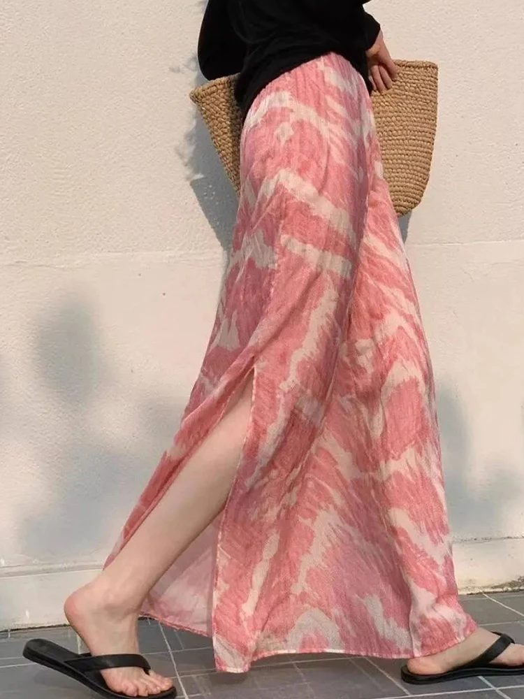 Beach Women Sweet Long Skirt Summer Loose High Waist Print Skirts Vintage Casual Korean Female Elegant Ocean Holiday Long Skirt