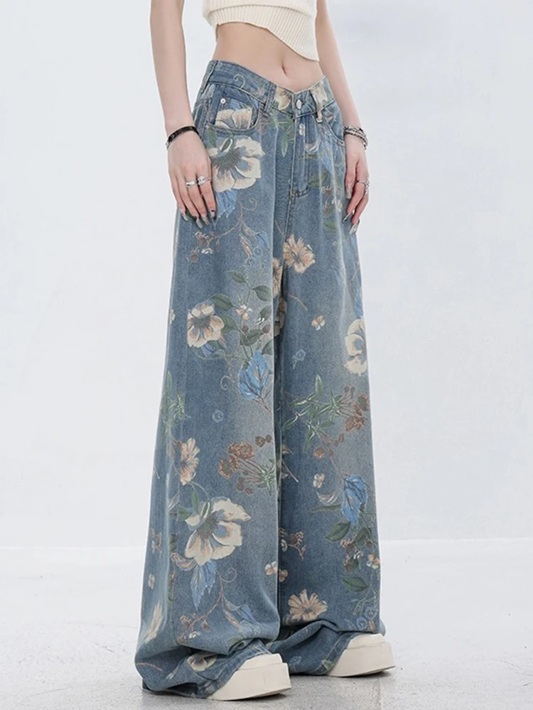 Summer Chic Vintage Printing Loose Straight Women Jeans American Basic Full Length Fashion Contrast Color Female Wide Leg Pants