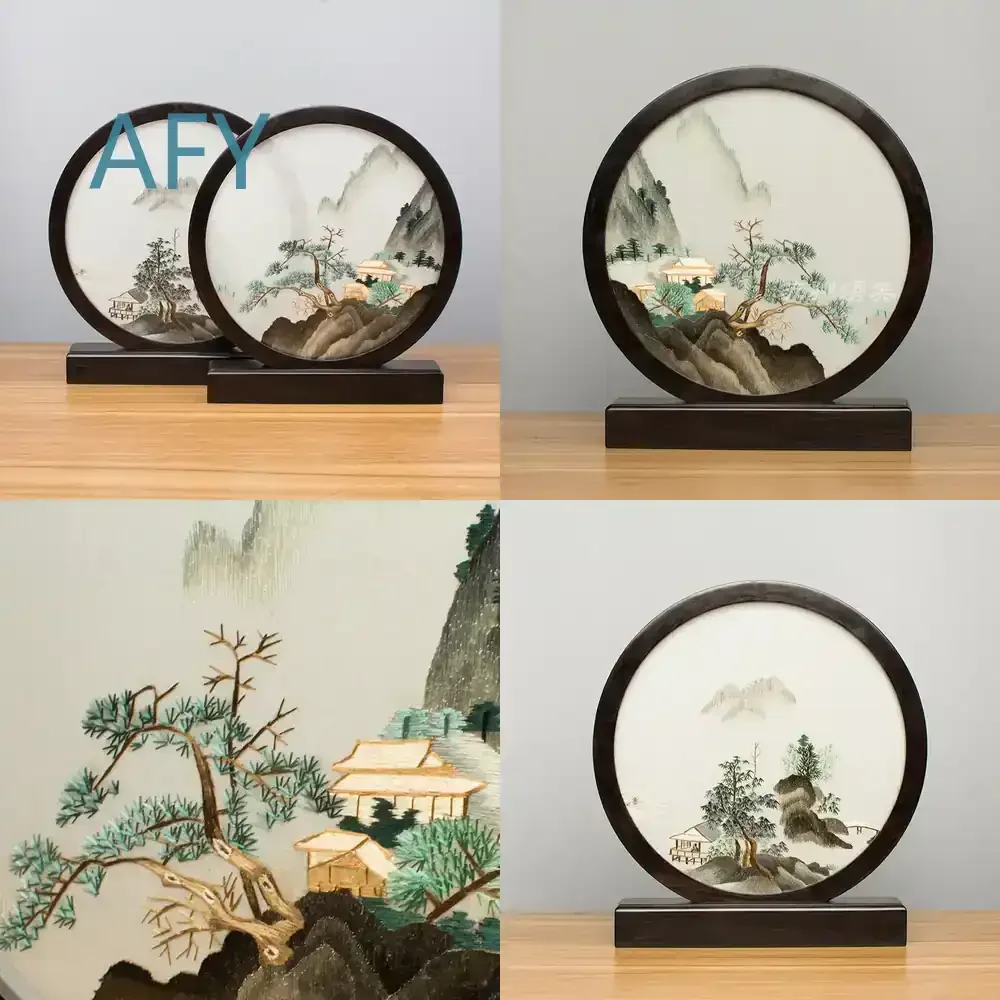 Ornamento de Mesa com Bordado Dupla Face de Suzhou para Decoração de Casa e Escritório, Arte Retrô em Tela Bordada para Parede