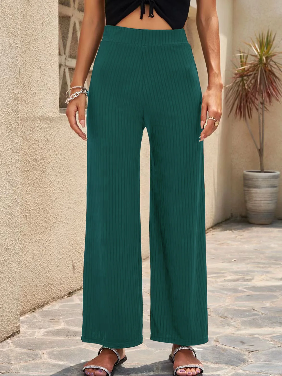 Autumn New Warm Women's Long Pants Straight Leg Pants Fashionable Solid Color Loose Comfortable Elastic Waistband Wide Leg Pant