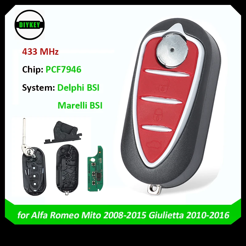 DIYKEY Flip Remote Car Key Fob 3 Buttons For Alfa Romeo Mito 2008-2015 Giulietta 2010-2016 433Mhz ASk ID46-7946 Auto Keys