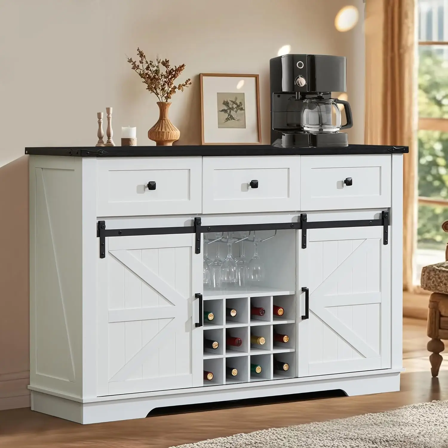 

Buffet Cabinet w/Storage, Large 54" Farmhouse Wine & Coffee Bar Cabinet w/Sliding Barn Doors, White