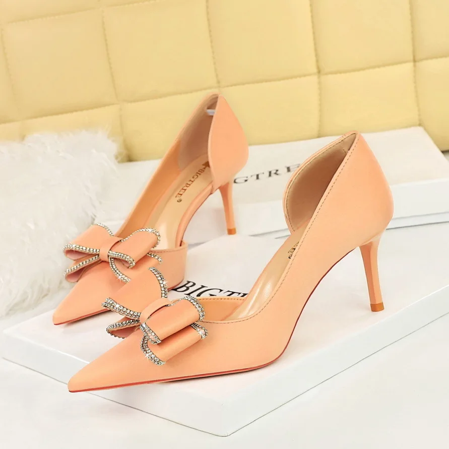 

New Style Banquet Women's With Thin Shallow Pumps Mouth Pointed Side Hollow Water Diamond Bow Tie Single Shoes Ladies High Heels