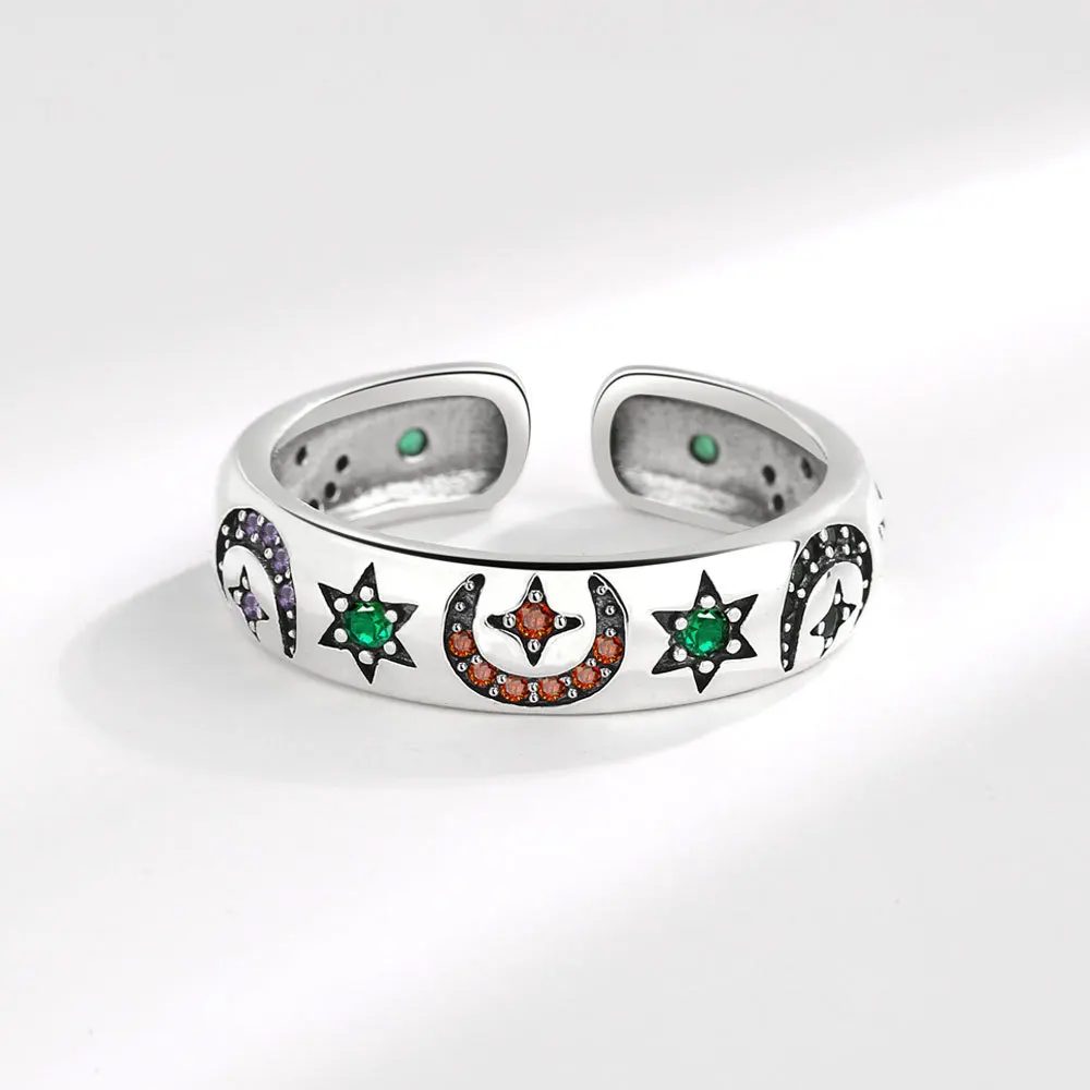 

Buyee 925 Sterling Silver Female Ring Finger Moon & Star Crtystal Open Ring for Women Fashion Party Fine Jewelry Circle Gift