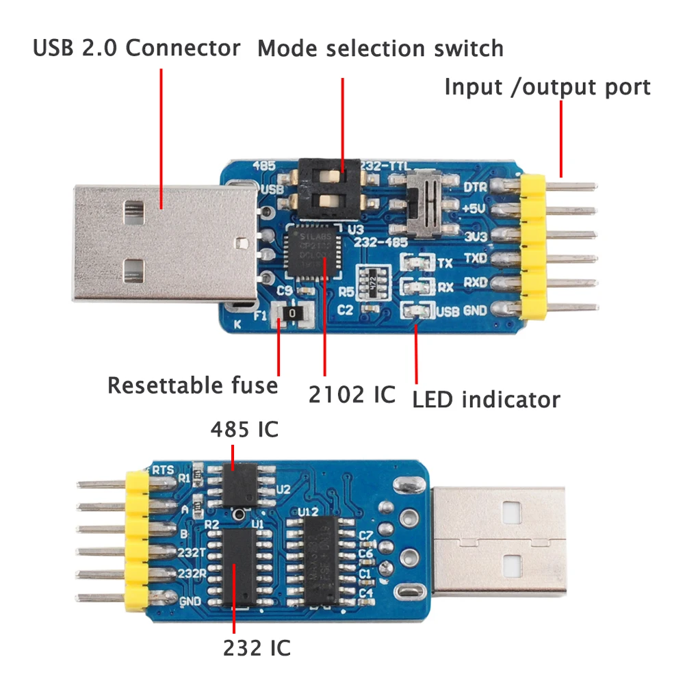 CP2102 USB to TTL Serial Converter Module 6 in 1 3.3V 5V TTL RS232 RS485 Adapter with 4Pin Dupont Jumper Wire