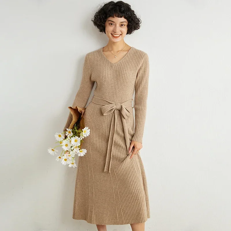 Tailor Sheep High Elasticity 100% Cashmere Thicken Sweater Dress Warm Basic Knit Pullover Women Slim Dress Female Casual Dresses