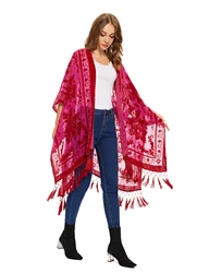 WeHello Women's Bohemian Burnout Velvet Kimono Long Cardigan With tassel Beach Cover-up Casual Shawl  Chiffon Shirt