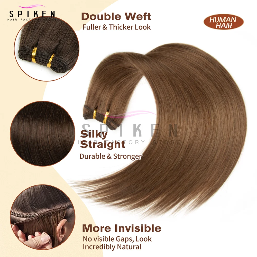 SPIKFN 本物のストレートヘア プラチナカラー人毛ウィーブ ダブルウェフト編み込み 50g 12～24インチ 女性用簡単装着