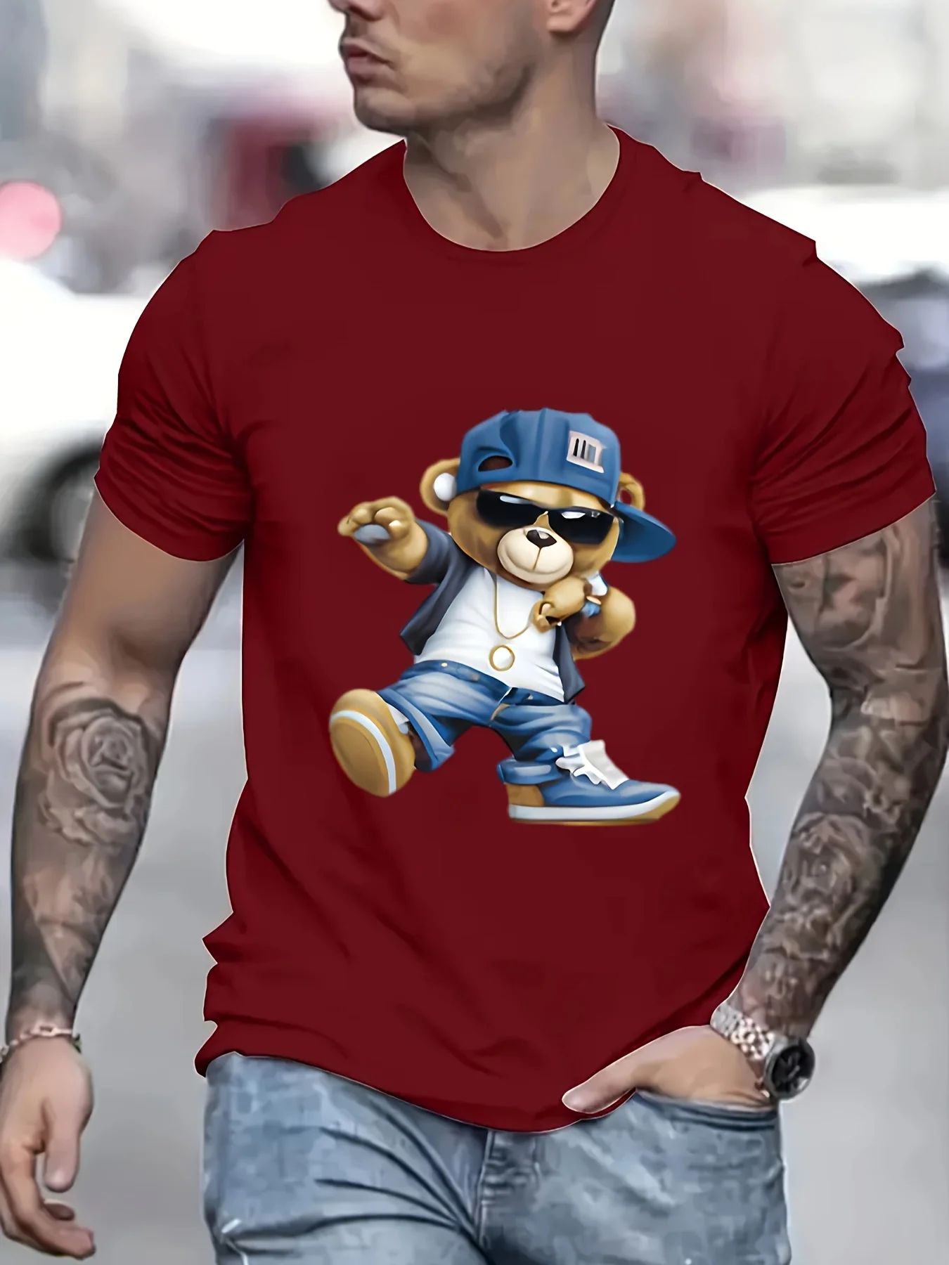 Men's Summer 100 Cotton Fashionable Casual Sports Loose Large Cartoon Cool Bear Pattern Printed Round Neck Short Sleeve T-shirt