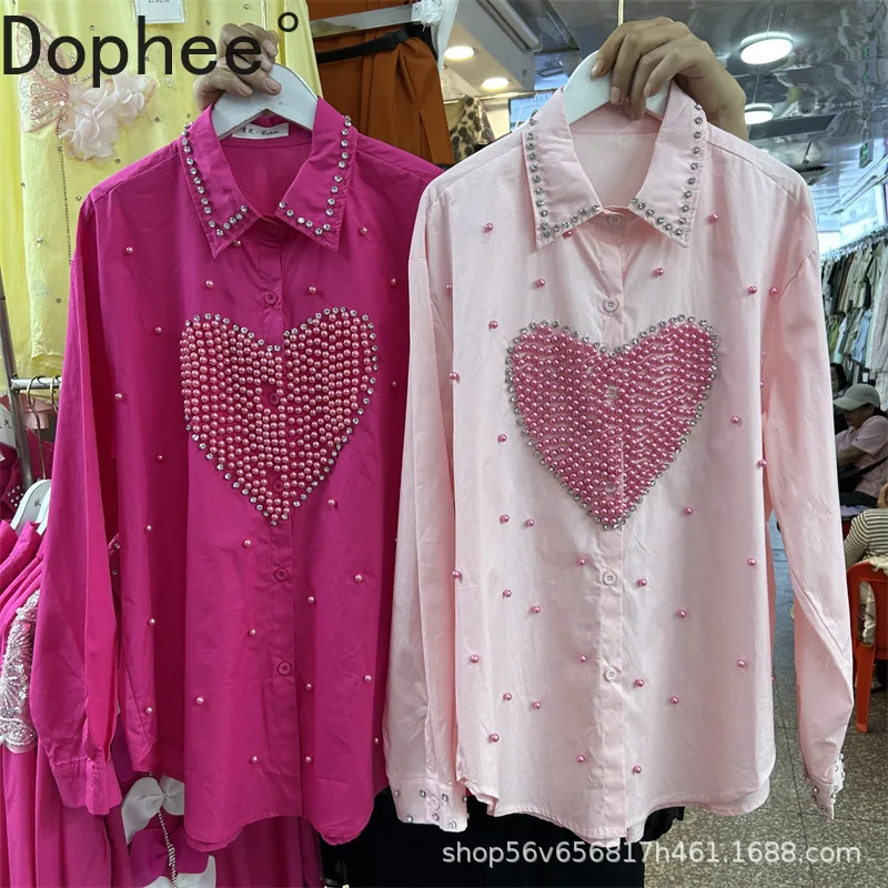 

Heavy Love Beading Diamonds Female Blouses New Spring Autumn Loose Long Sleeve Cardigans Top Single-breasted Casual Women Shirts