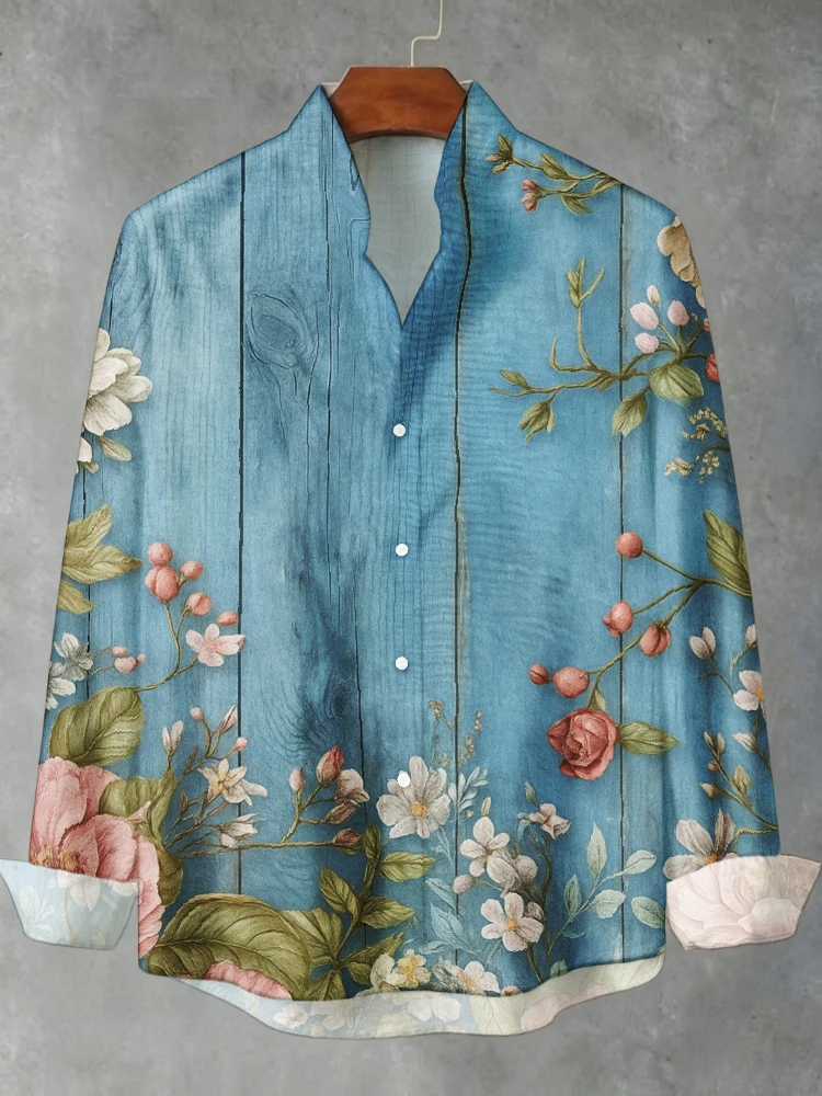 Mens Retro Botanical Flower Stand Collar Shirt Lightweight Loose Fit Long Sleeve Casual Bohemian Vacation Top Autumn Tunics