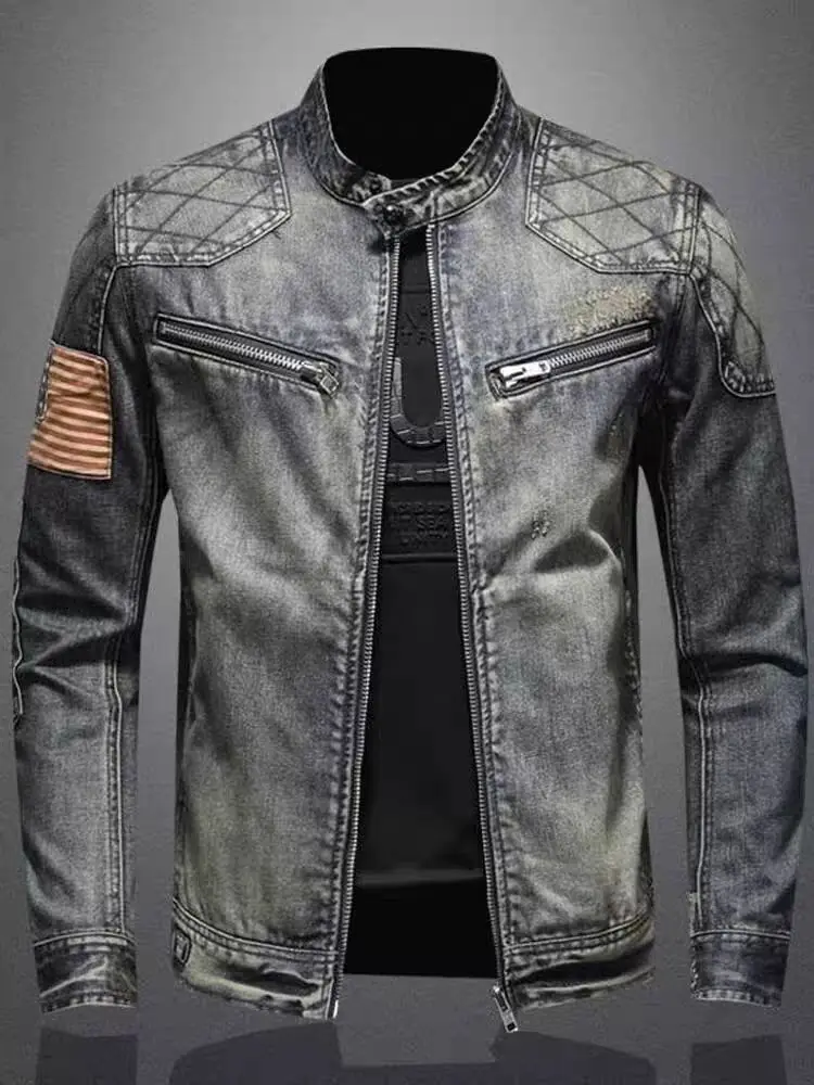 

High-End Slim Fit Men's Denim Jaet Spring Autumn Trendy Brand New Stand Collar Motorcycle Jaet Retro Haome Jeans Jaet