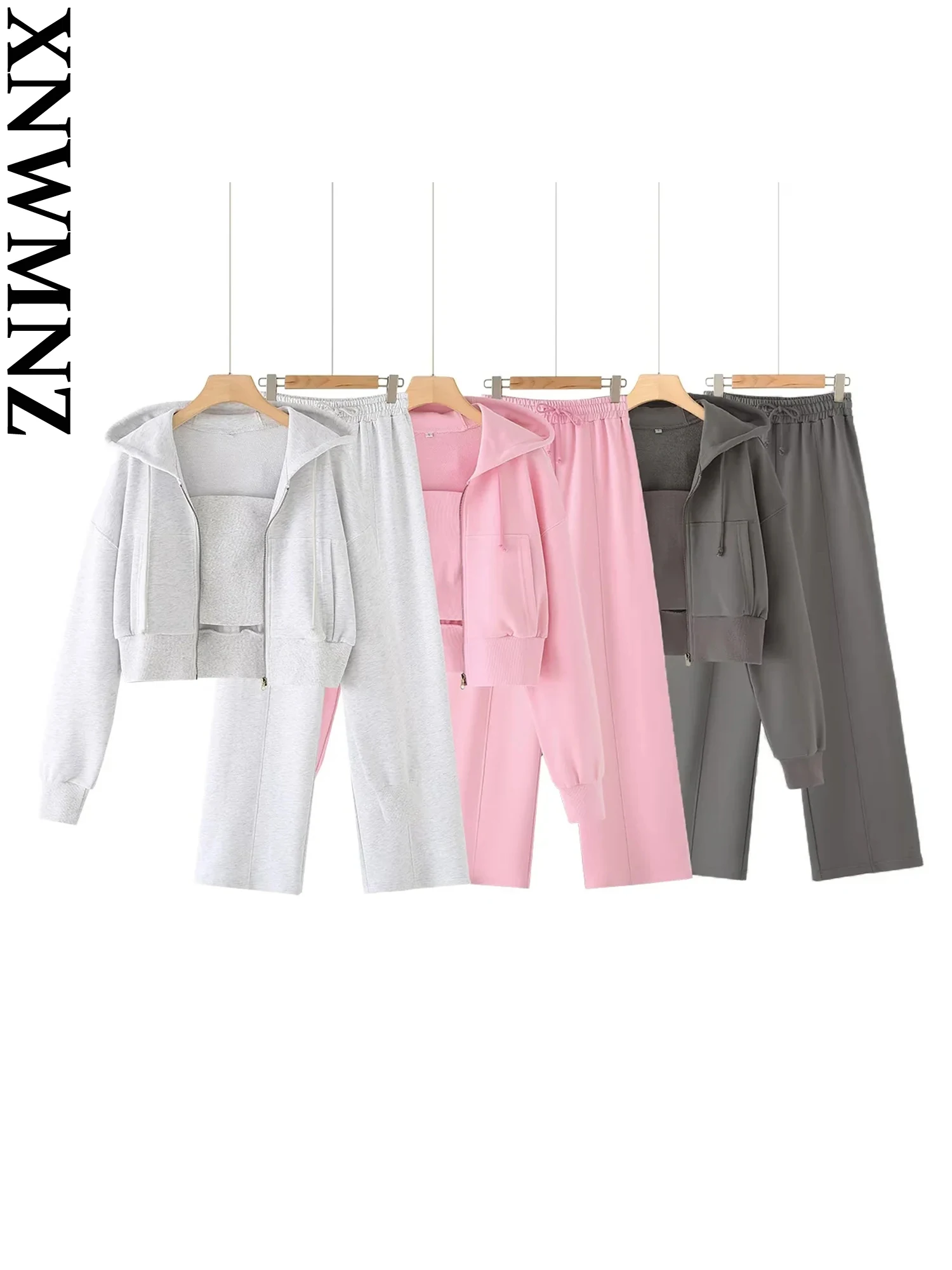 XNWMNZ New Women Solid Hoodie Pant Set Long Sleeve Hooded Coat Jacket + Tube Top + Elastic Waist Trousers Casual Sport Suits