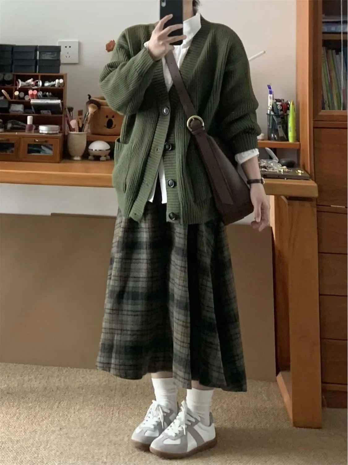 

Soft Green Sweater Cardigan Long Sleeve Plaid Skirt Two Piece Set Autumn Winter Fashion Women's Clothing Casual Style