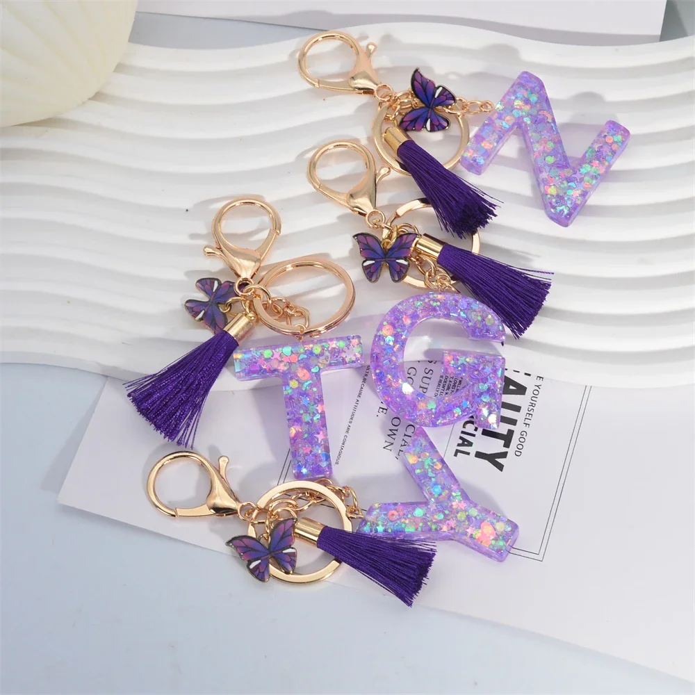 A-Z Shiny Sequin Letter Keychain Resin Couple Initial Purple Stars Filled Pendant Keyrings Handbag Car Key Charm Accessories