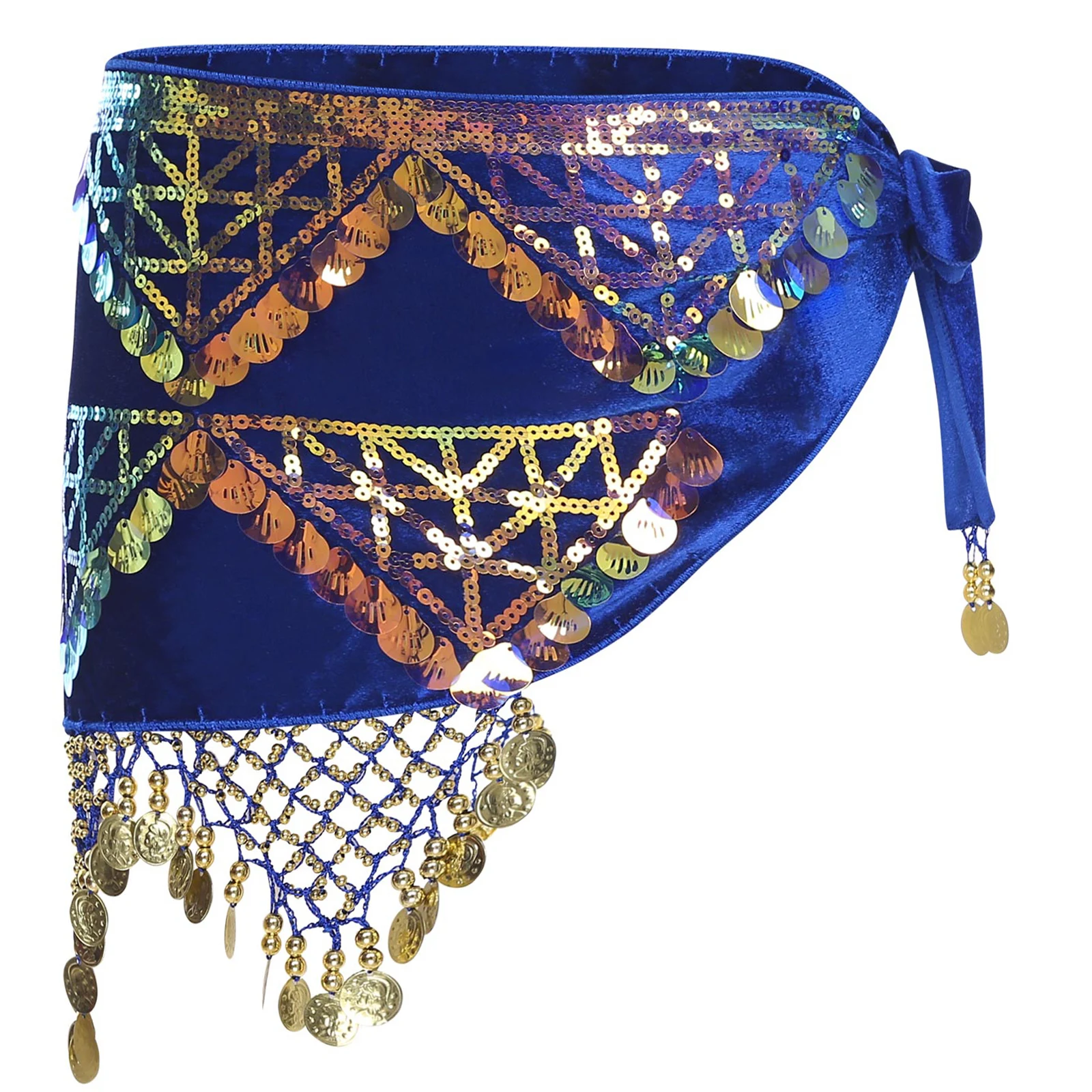 

Womens Belly Dance Costume Shiny Sequin Tassel Triangle Hip Scarf Fringe Wrap Skirt Waist Chain Dance Skirt for Class Stage