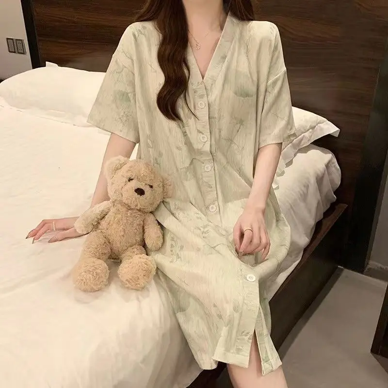 Striped Women Nightgown Summer Korean Sleepwear V-neck Night Dress Button One Piece Pajamas Short Sleeve Loose Home Wears 2024