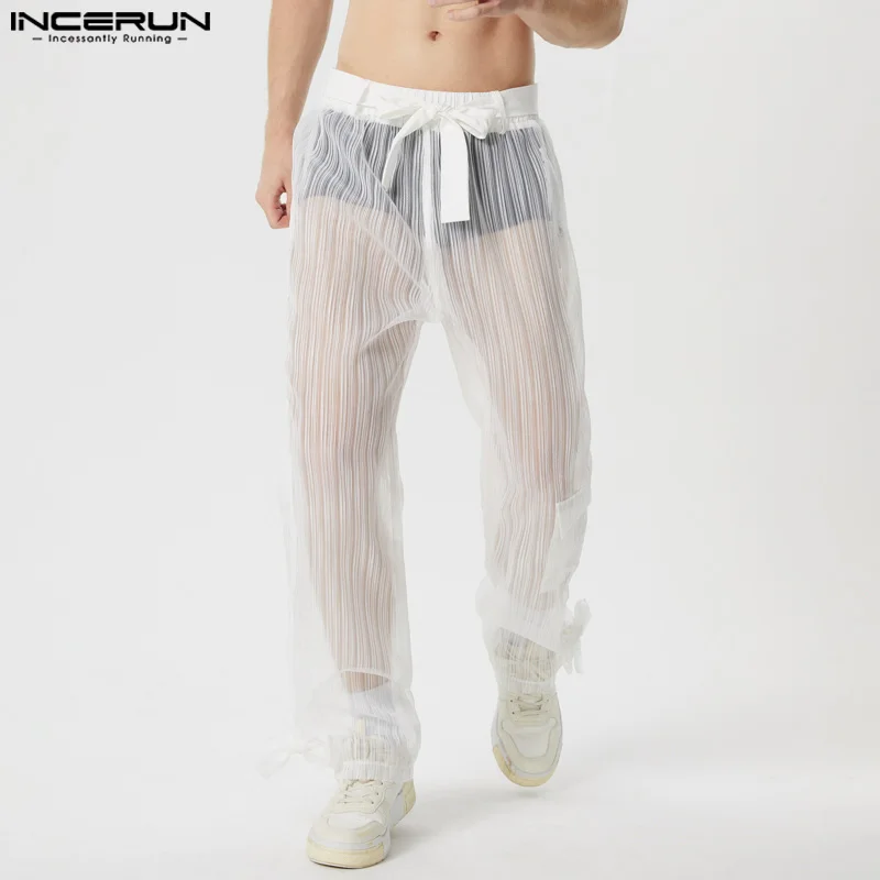 INCERUN Men Pants Mesh Transparent Lace Up Joggers Sexy Striped Casual Trousers Men Streetwear Loose Fashion Long Pants S-5XL