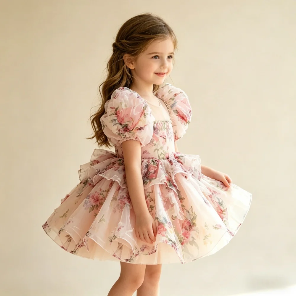 Custom Flower Girl Dress Wedding Gown Birthday Party Pageant Puff Sleeve Floral Print Tulle Baby Dress With Bow فساتين بنات
