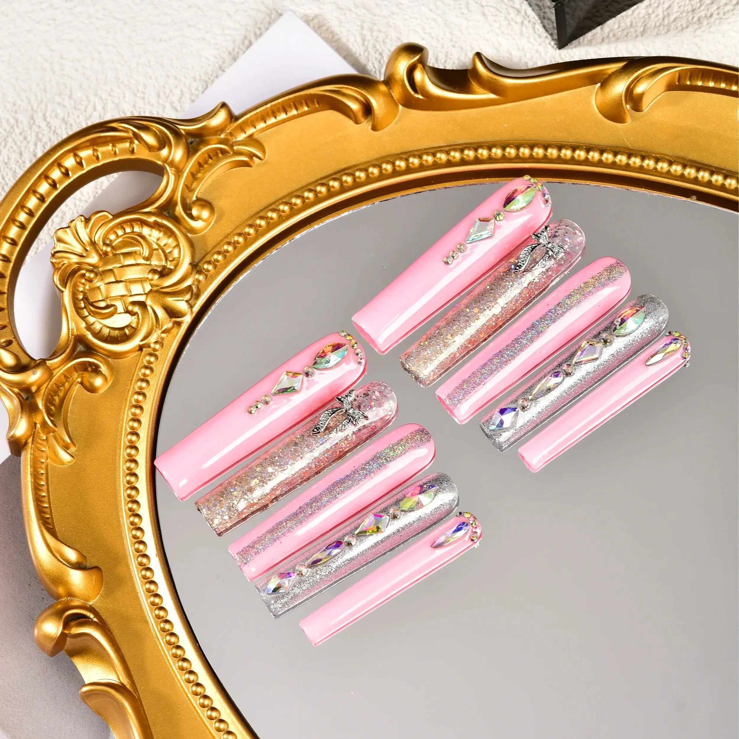 

10Pcs Pink False Nails Long Ballet Fake Nail With Rhinestone Flower Design Press on Nails French Wearable Square Nails Set