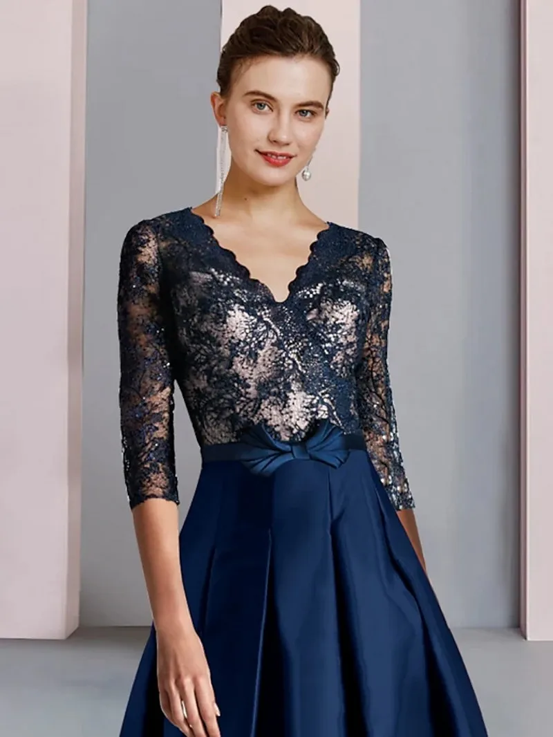 2023 Navy Blue Mother of the Bride Dress V Neck Tea Length Satin Lace Half Sleeve Bow Wedding Party Gowns Robe De Soiree