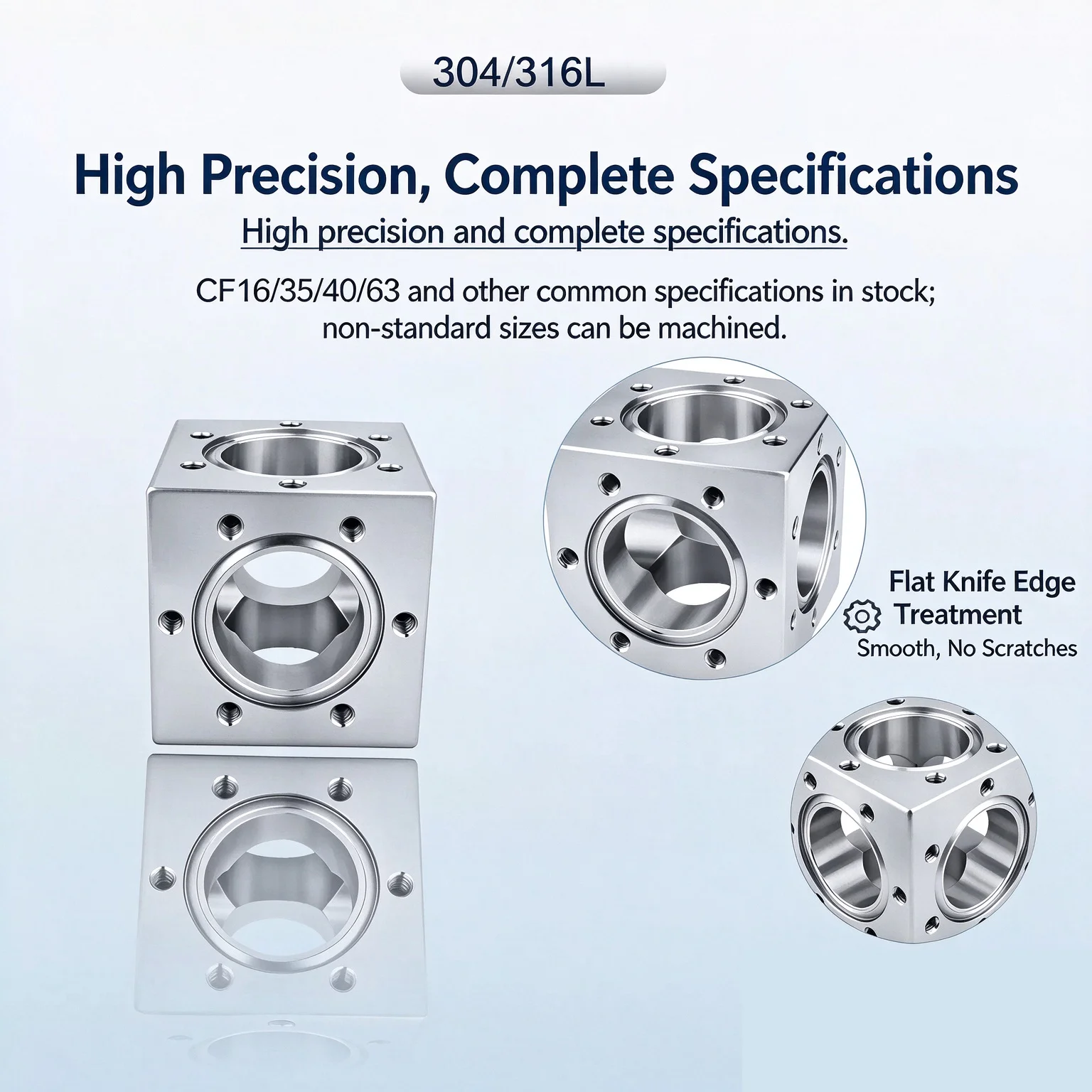 304 Stainless Steel CF Square Integrated Knife-Edge Flange High-Vacuum Six-Way Surface Block Chamber for Precision Engineering