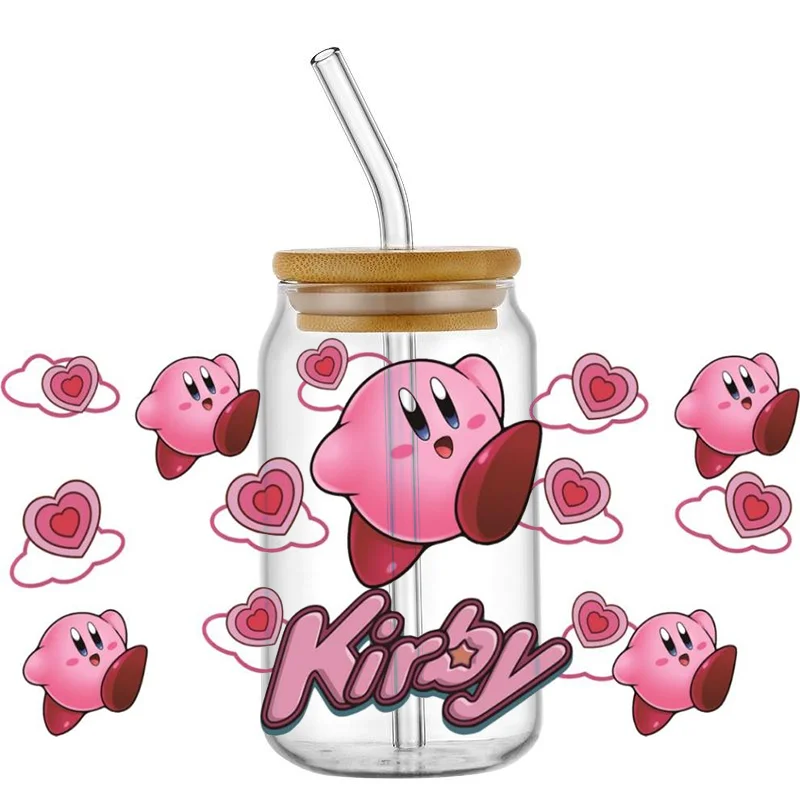 Miniso Cute pink kirby cartoon character Theme For The 16oz Libbey Glasses Wraps Cup Can DIY Waterproof Easy To Use Custom Decal