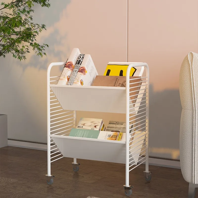 Magazine Wheel Iron Shelf 2-layer Display Stand Room Mobile Bookcase For Children Books 철제서랍 Multifunction Home Furniture AA