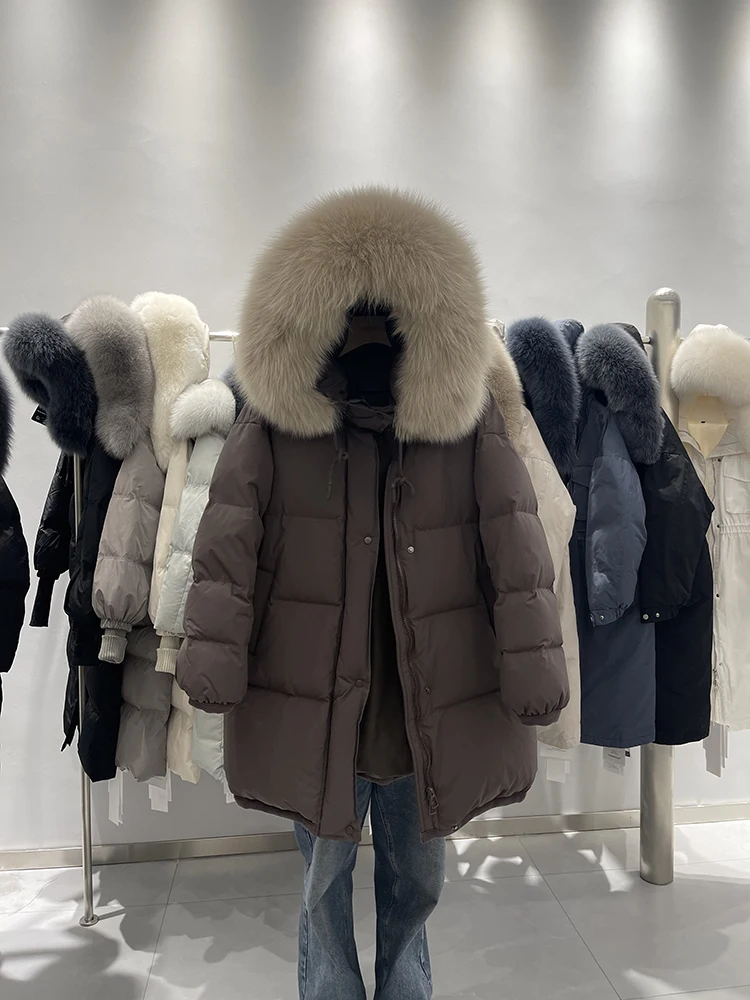 Women's fox fur big fur collar middle length long down jacket 2025 winter new thick and loose fashion jacket trendy