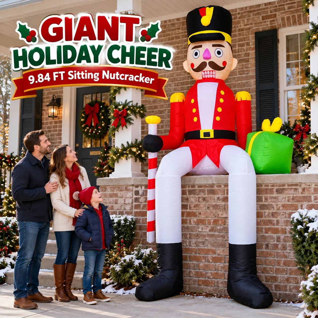 Giant Christmas Inflatable Nutcracker Soldier Sitting on Windowsill or Roof Outdoor Yard Decoration with LED Lights Blow Up Toy with Candy Cane and Gift Box for Holiday Party Lawn Garden Balcony Indoor and Outdoor Home Decorations with Sandbags for Fixing