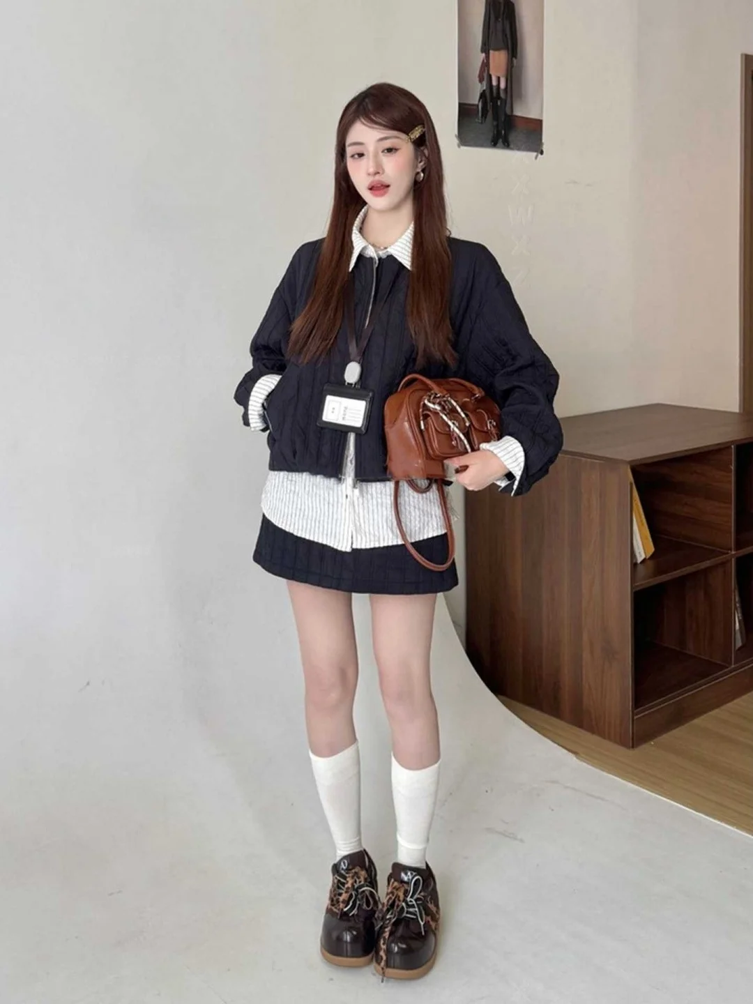 

Korean Sle Patchwork Fake Two-Piece Jaet And Skirt Set plus Size Women's Faion Autumn Winter Casual Outfit