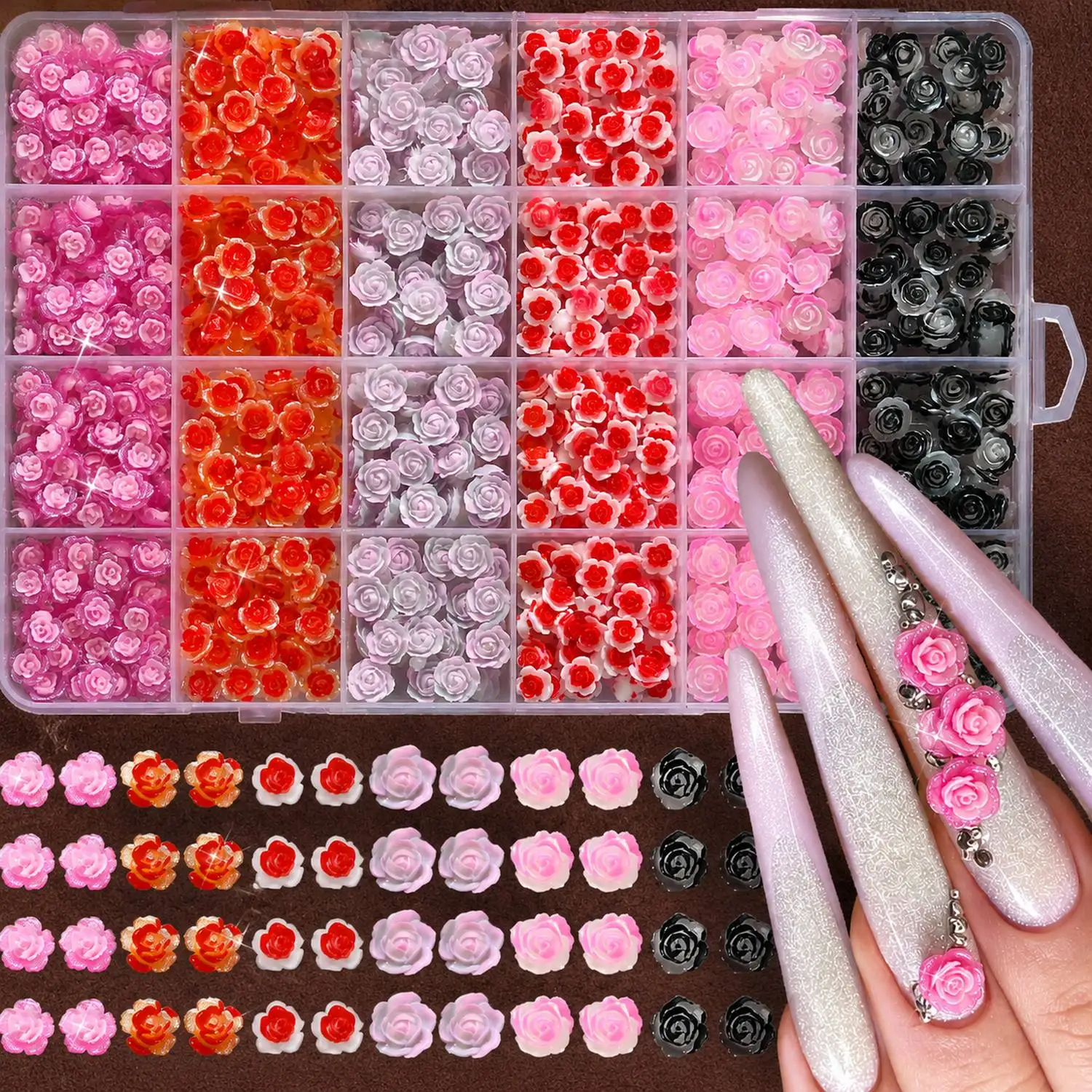 

24Grids/Box 3D Embossed Small Flower Nail Charms Natural Color Small Flower Nail Decoration Wedding Scene Small Flower Nail Part
