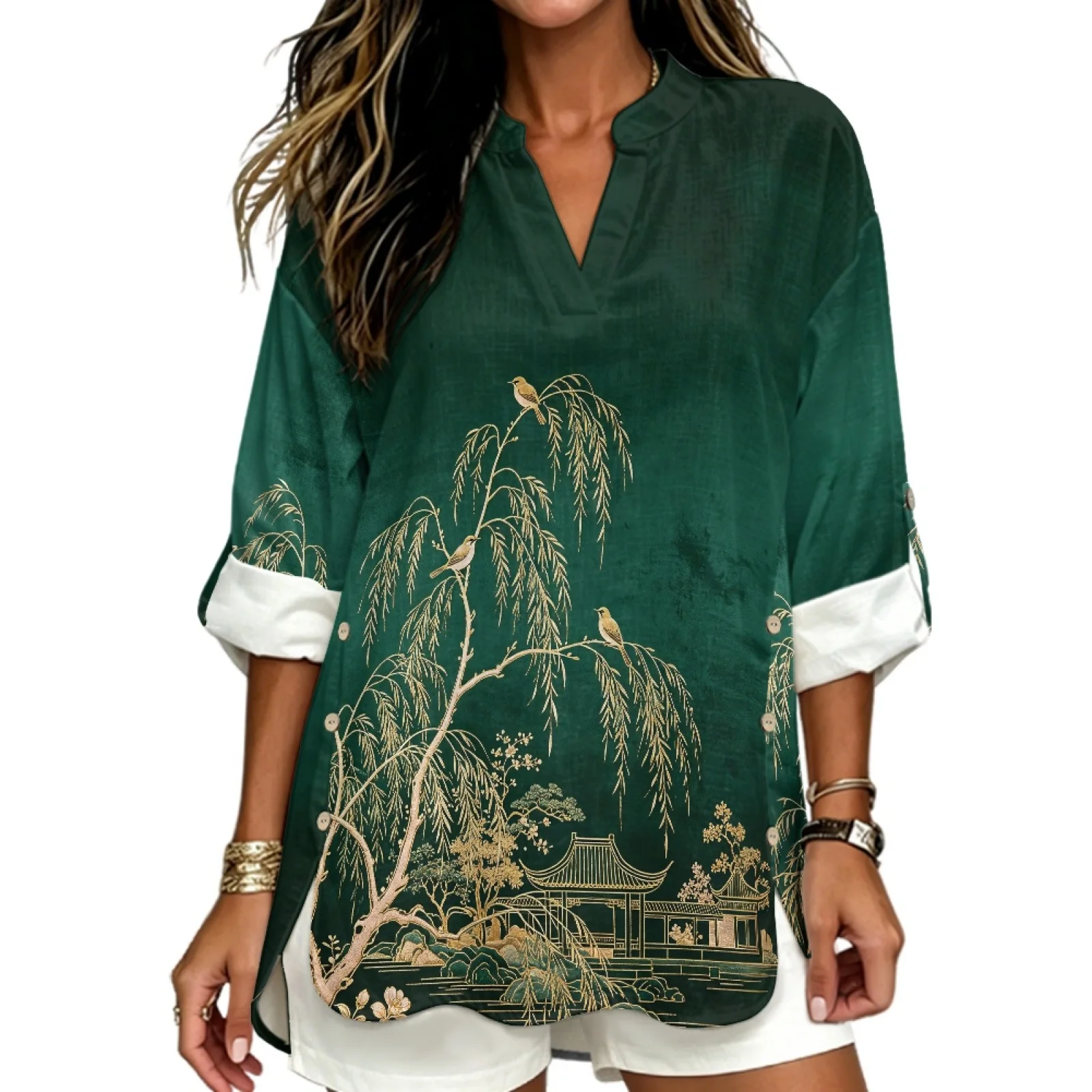 PENSTROLL Green Bird Branch Linen Style Women Loose Fit Tops 3/4 Long Sleeve Casual Shirts for Ladies Sizes S-5XL
