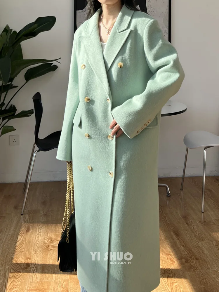 Otoño Invierno nuevo abrigo grueso de lana de doble cara mujer elegante cuello vuelto doble botonadura chaqueta de lana de longitud media Mujer