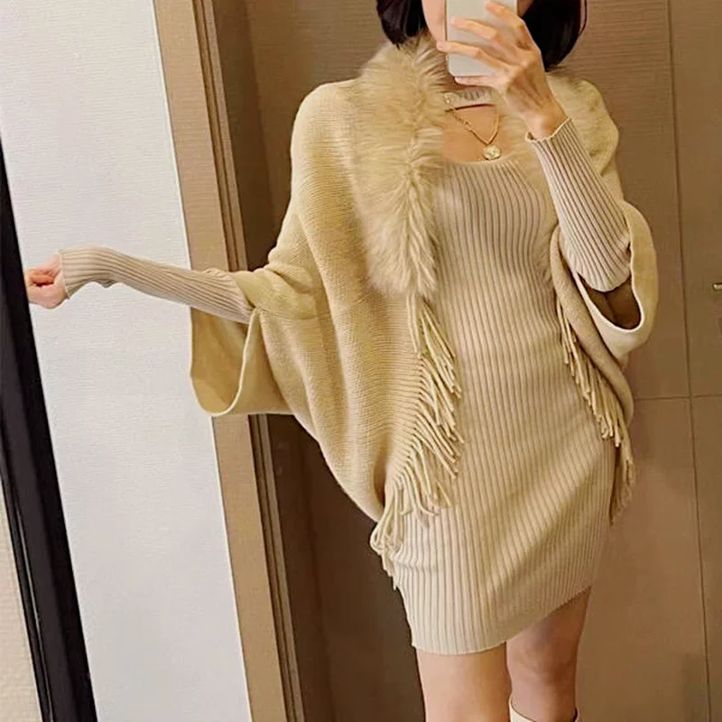 

Elegant Temperament Knitted Shawl Fur Collar Coat Winter Fashion Loose Warm Cloak Shawl Oversized Cardigan Cropped Cardigan