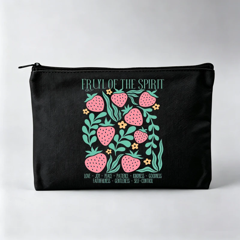 Women's Strawberry and Leaf Pattern Makeup Bag with Typography Print, Casual Cosmetic Pouch for Daily Use