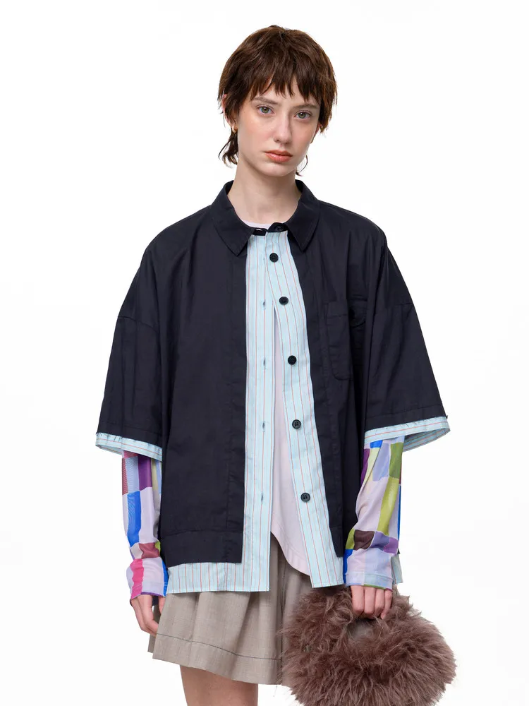

MOVEUP Short Sleeves False Two-Piece Shirt 2026 Summer New Contrast Color Striped Patchwork Casual Shirt For Women 3EWX20404