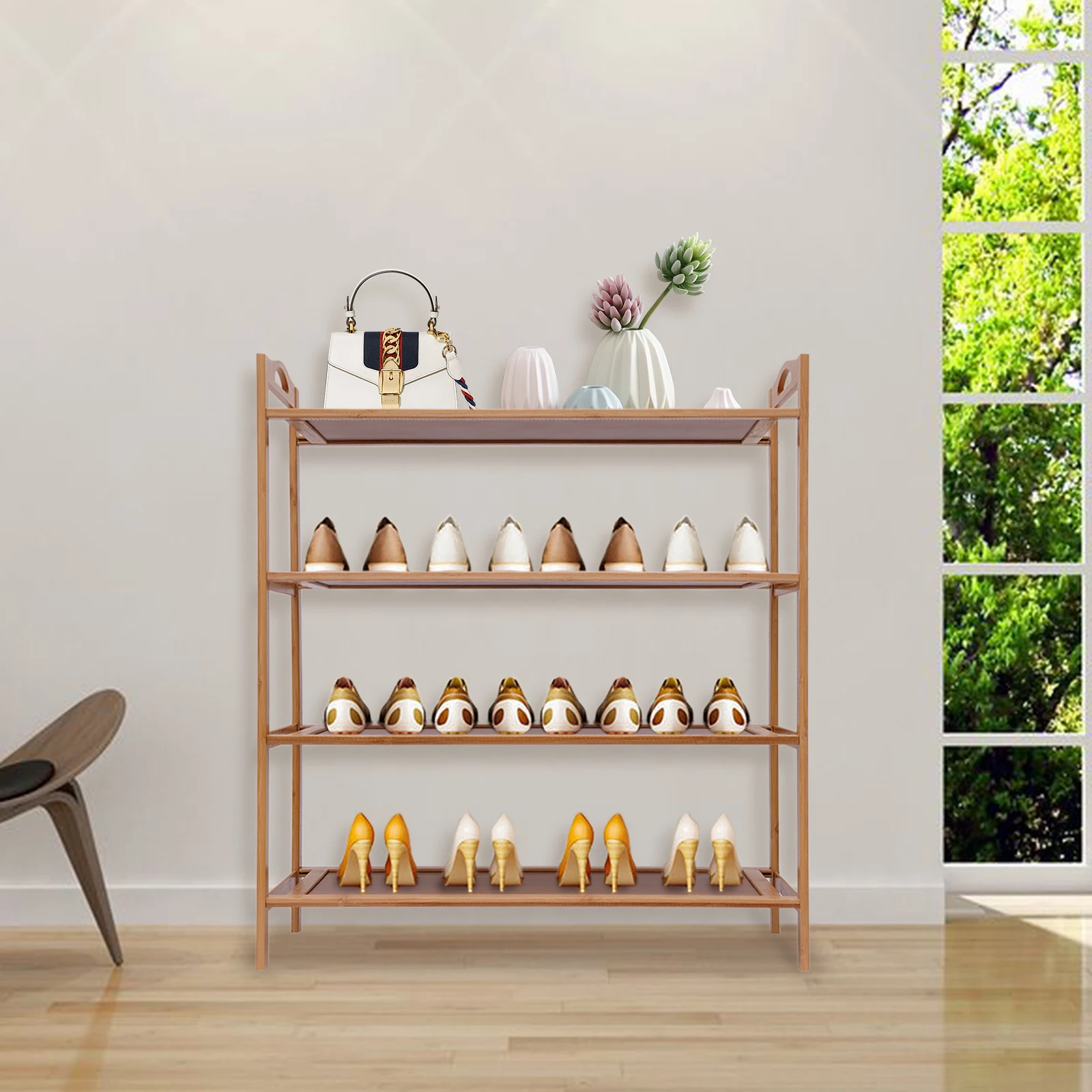 

23.62*9.84*26.38in 4-Tier Large Capacity Open Shoe Storage Rack with Practical Handles for Kitchen, Balcony, Office, Bedroom