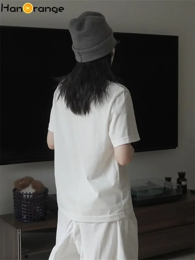 HanOrange 2025 printemps Simple en forme de H col rond manches courtes T-shirt femmes profil ample haut décontracté femme blanc/gris foncé/bleu