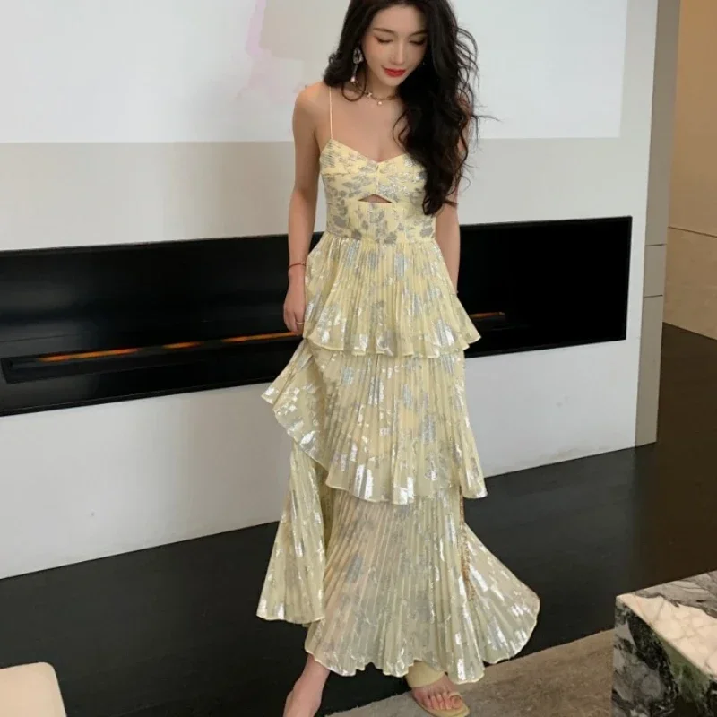 

Women's sexy suspender dress yellow chiffon bronzing pleated layered ruffled elegant maxi dress female