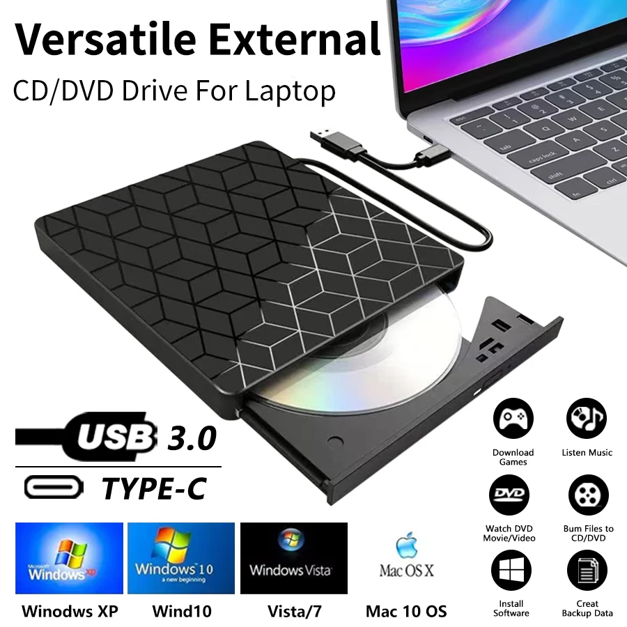 

Внешний DVD-рекордер 7-в-1 USB 3.0/Type-C, оптический привод, проигрыватель CD/DVD, портативный считыватель для настольных ПК и ноутбуков