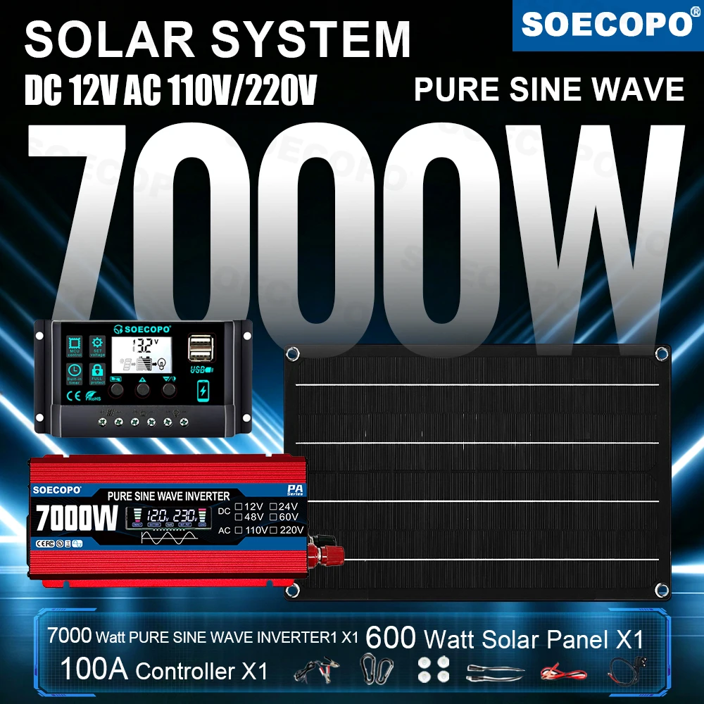 High Output 7000W Solar Kit Pure Sine Wave Inverter (110V 220V 600W Panel 100A Controller ) Generator for Picnic Party Radio Use