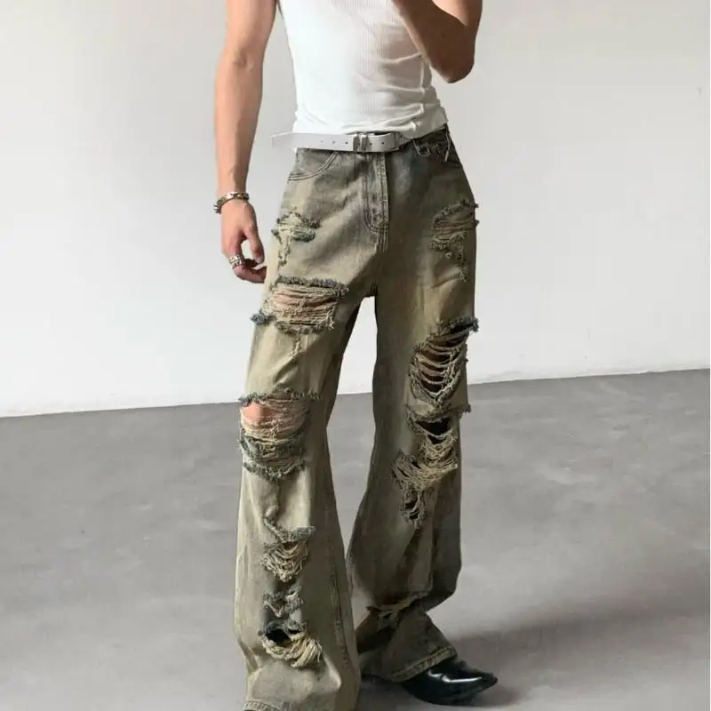 Men's Multiple Hole Designs Retro Jeans Casual Pants Young Boy Bottom Summer Street Sweatpants Male High Waist Y2k Cool Trousers