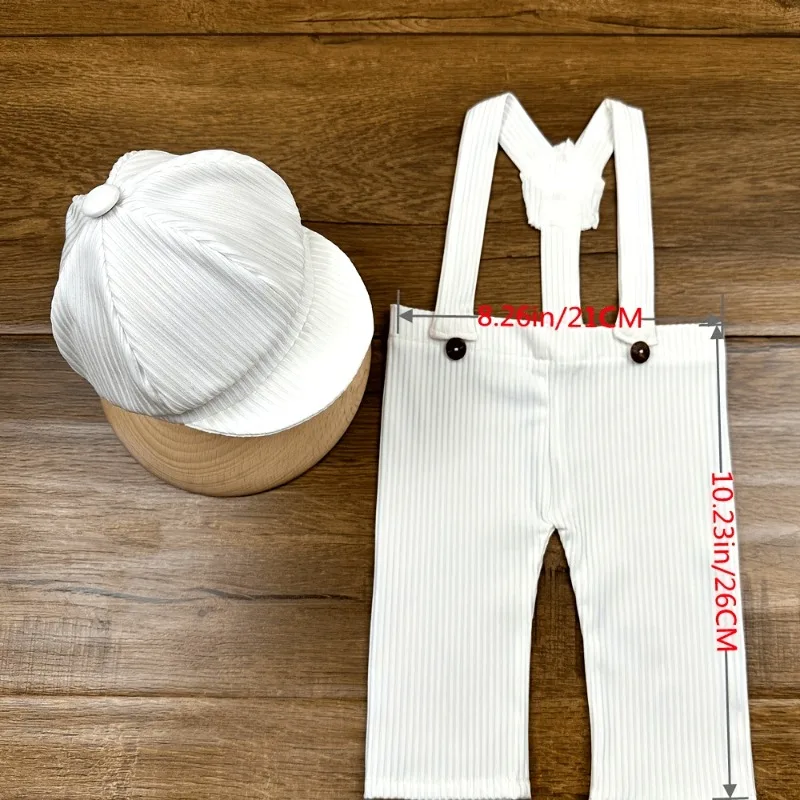 2pcs Baby Gentleman Costumes Newborn Photography Props Pure White Striped Overalls and Beret Studio Infant Photoshoot Outfits