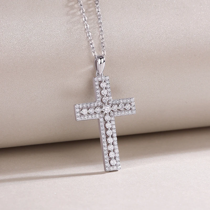 Full D Color Moissanite Cross Pendant Necklace Women 925 Sterling Silver Iced Diamond Religious Necklace White Gold Pass Tester