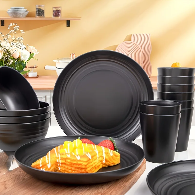 Picture 6: 16pcs Unbreakable Tableware Set Shatterproof 8 Plates 4 Bowls 4 Cups Microwave Dishwasher Safe for Camping Daily Use Black