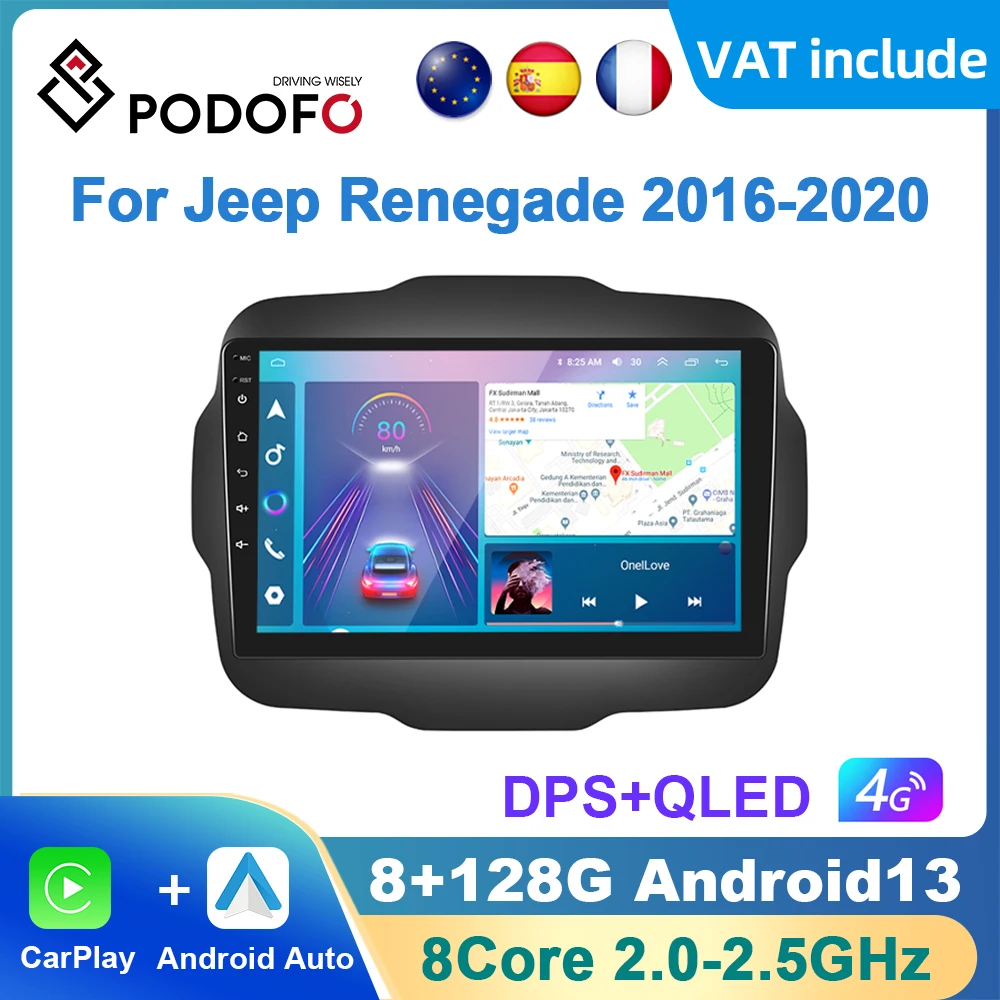 Podofo Android Carplay Car Radio For Jeep Renegade 2016-2020 Android Auto WIFI Car Multimedia Player GPS Navigation RDS Radio