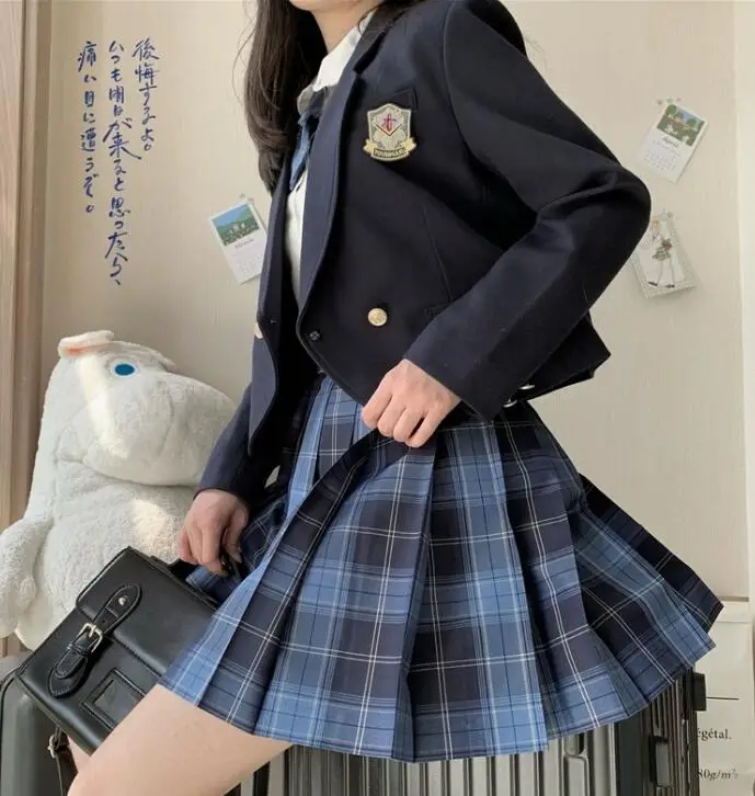 School Uniform Blazer Suit Winter JK Girls British Style Plaid Skirt