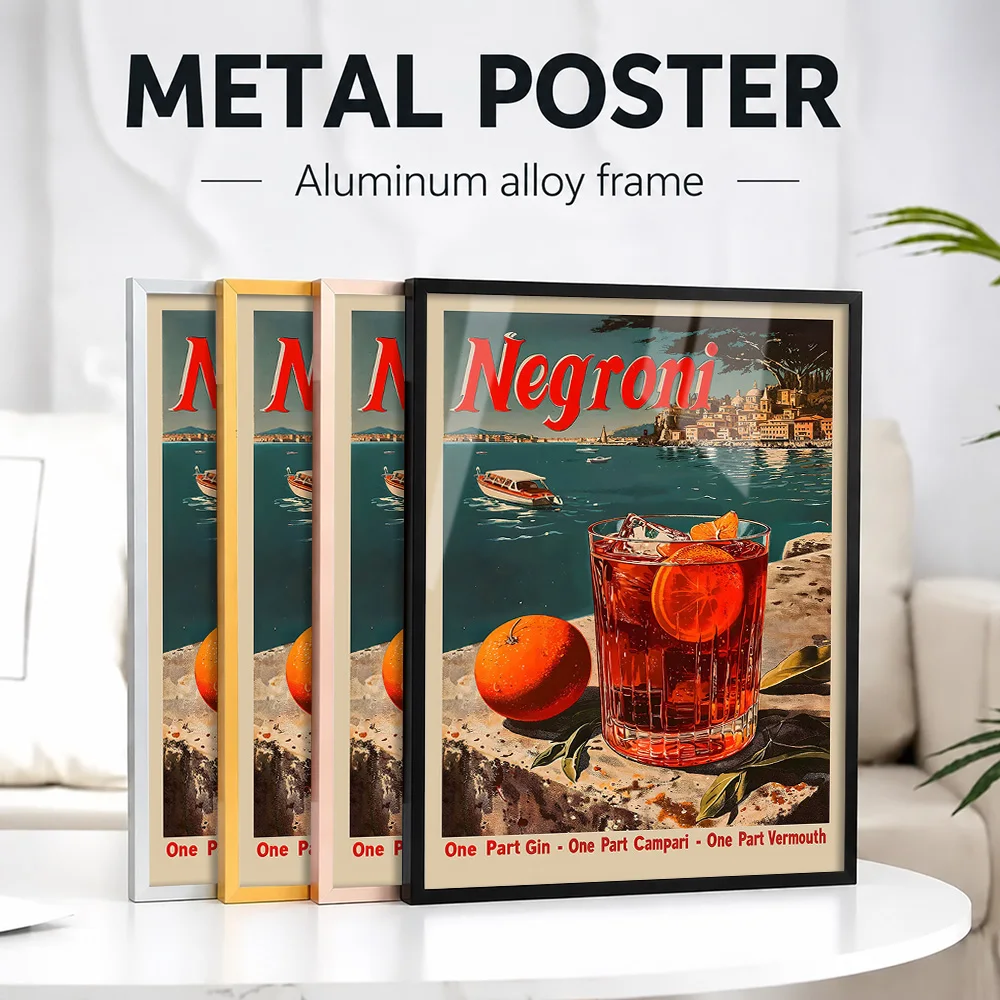 Classic Negroni Cocktail Metal Poster With Aluminum Alloy Frame Personalized Photo Modern Mixology Style Wall Art For Home Bar